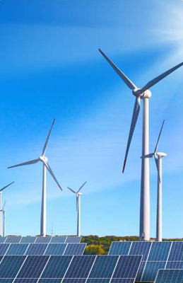 Wind turbines and solar panels.