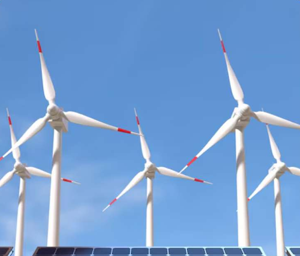 Wind turbines and solar panels.